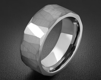 Anillo de tungsteno plateado martillado, alianza de boda para hombre, anillo de boda para hombre, anillo para hombre, regalo de aniversario, anillo de ajuste cómodo, anillo de 8 mm