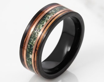 Moss Agate Ring, Charred Whiskey Barrel Ring, Black Tungsten Ring, Black Wedding Ring, Mens Wedding Band, Mens Ring, Anniversary Ring, 8mm