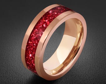 Wolframcarbid-Herrenring ~ Roségoldener Ehering (4 mm, 8 mm) ~ Rubin-Ehering ~ Eleganter Verlobungsring ~ Verlobungsgeschenk ~ Unisex-Ring
