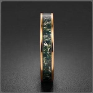 Moss Agate Gold Ring for Men ~ Nature Inspired Wedding Band ~ Green Moss Agate Ring - Unique Handcrafted Tungsten Jewelry Gift For Him/Her image 11