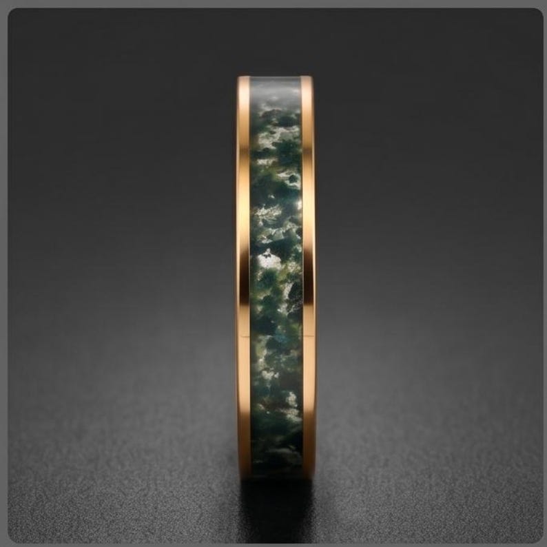 Moss Agate Gold Ring for Men ~ Nature Inspired Wedding Band ~ Green Moss Agate Ring - Unique Handcrafted Tungsten Jewelry Gift For Him/Her image 11