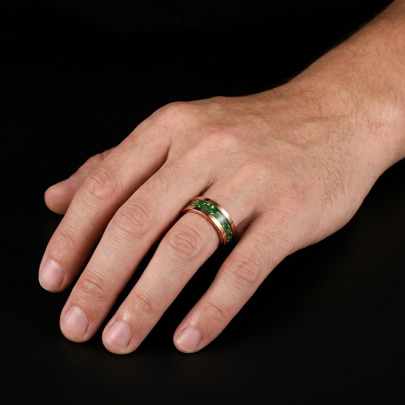Moss Agate Gold Ring for Men ~ Nature Inspired Wedding Band ~ Green Moss Agate Ring - Unique Handcrafted Tungsten Jewelry Gift For Him/Her image 19