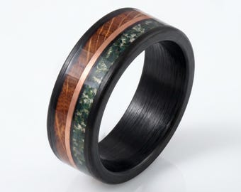 Moss Agate Ring, Whiskey Barrel Ring, Black Tungsten Ring, Black Wedding Ring, Mens Wedding Band, Mens Ring, Anniversary Ring, 8mm Ring