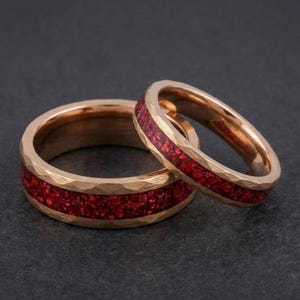 Red ruby ring set, his and her wedding band, hammered rose gold tungsten ring, mens wedding band, womens wedding ring, anniversary gift