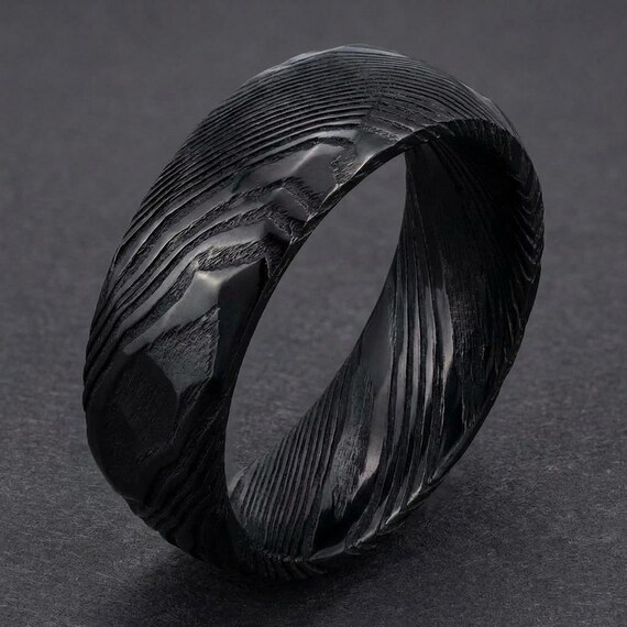 Hammered Black Damascus Ring, Mens Wedding Band, Mens Wedding Ring, Mens Ring, Anniversary Gift, Comfort Fit Ring, 8mm Ring