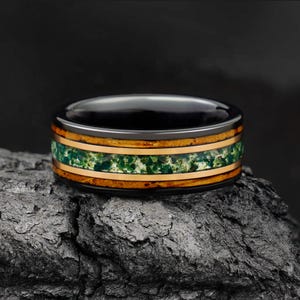 Moss Agate & Whiskey Barrel Wood Ring, Black and Rose Gold Tungsten Wedding Band, Anniversary Gift for Him, Mens Ring, Moss Agate Ring
