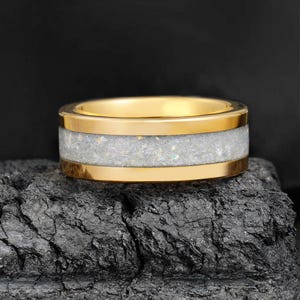 Moonstone Ring, Gold Tungsten Ring, Statement Promise Engagement Anniversary Gift for Her & Him, Womens Wedding Ring, Mens Wedding Band