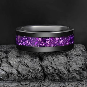 Alexandrite Ring, Black Tungsten Ring, Statement Promise Engagement Anniversary Gift for Her & Him, Womens Wedding Ring, Mens Wedding Band