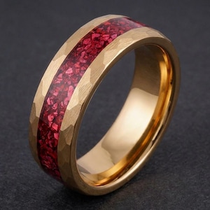 Ruby Ring, Hammered Tungsten Ring, Hammered Rose Gold Ring, Mens Wedding Band, Womens Ring, Anniversary Ring, Engagement Ring, 8mm 4mm