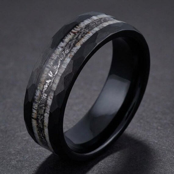 Meteorite Ring with Antler, Antler Ring, Hammered Black Tungsten Ring, Mens Wedding Band, Mens Ring, Anniversary Gift, Comfort Fit, 8mm Ring