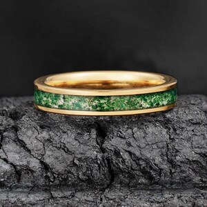 Moss Agate Ring, Rose Gold Tungsten Ring, Statement Promise Engagement Anniversary Gift, Women&#39;s & Men&#39;s Wedding Band, Personalized Ring