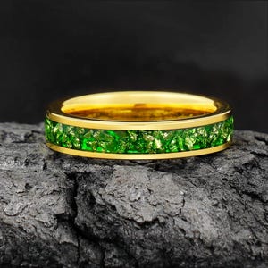 Emerald Ring, Gold Tungsten Ring, Statement Promise Engagement Anniversary Gift for Her & Him, Womens Wedding Ring, Mens Wedding Band