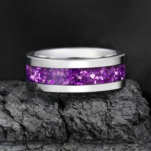 Alexandrite Ring, Silver Tungsten Ring, Statement Promise Engagement Anniversary Gift for Her & Him, Womens Wedding Ring, Mens Wedding Band