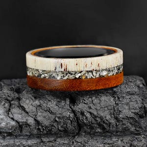 Meteorite & Antler and Ironwood Ring, Black Tungsten Wedding Band, Statement Engagement Anniversary Gift for Him, Mens Ring, Meteorite Ring