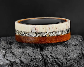 Meteorit & Geweih und Eisenholz Ring, schwarzer Wolfram Ehering, Jahrestag Geschenk, Herrenring, Meteorit Ring, personalisierter Ring, 8 mm Ring