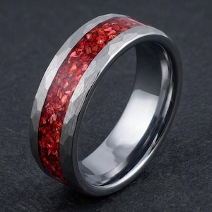 Ruby Ring, Hammered Tungsten Ring, Hammered Silver Ring, Mens Wedding Band, Womens Ring, Anniversary Ring, Engagement Ring, 4mm 8mm