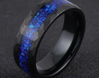 Anillo de zafiro, anillo negro martillado, anillo de tungsteno negro, alianza de boda para hombre, anillo para hombre, anillo de aniversario, anillo de ajuste cómodo, anillo de 8 mm
