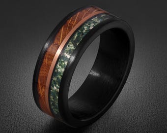 Anello in agata muschiata, anello a botte di whisky, anello in tungsteno nero, fede nuziale nera, fede nuziale da uomo, anello da uomo, anello per anniversario, anello da 8 mm