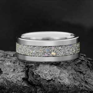 Moonstone Ring, Silver Tungsten Wedding Ring, Statement Promise Engagement Anniversary Gift for Her & Him, Womens Ring, Mens Wedding Band