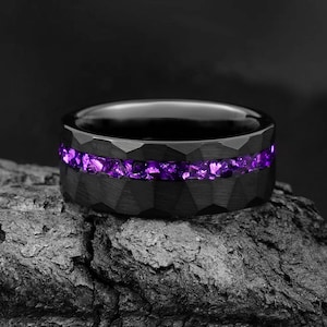 Amethyst Ring, Hammered Black Tungsten Wedding Band, Statement Promise Engagement Anniversary Gift for Him, Mens Ring, Comfort Fit Ring