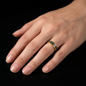May include: A gold-toned band ring featuring a central inlay of mottled dark green and grey stone. The ring has a smooth, polished metallic finish on the edges, framing the textured, earthy appearance of the stone inlay set within the band.