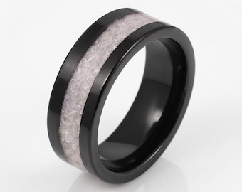 Anello da uomo in tungsteno nero con pietra di luna ~ Fede nuziale con pietra di luna, vestibilità comoda (4 mm, 8 mm) ~ Anello di coppia in carburo di tungsteno ~ Gioiello di promessa