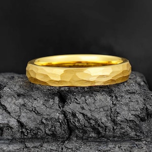 Hammered Gold Ring, Gold Tungsten Ring, Statement Promise Engagement Anniversary Gift, Women&#39;s & Men&#39;s Wedding Band, Personalized Ring