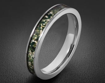 Moss Agate Ring, Silver Tungsten Ring, Silver Wedding Ring, Mens Wedding Band, Womens Ring, Anniversary Ring, Engagement Ring, 8mm 4mm