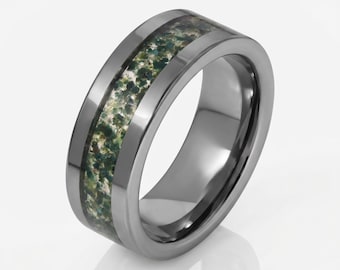 Moss Agate Ring, Silver Tungsten Ring, Silver Wedding Ring, Mens Wedding Band, Womens Ring, Anniversary Ring, Engagement Ring, 4mm 8mm