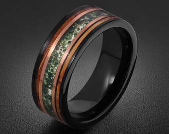 Anello in agata muschiata, anello effetto botte di whisky carbonizzata, anello in tungsteno nero, fede nuziale nera, fede nuziale da uomo, anello da uomo, anello per anniversario, 8 mm