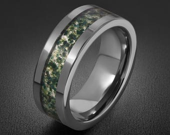 Moss Agate Ring, Silver Tungsten Ring, Silver Wedding Ring, Mens Wedding Band, Womens Ring, Anniversary Ring, Engagement Ring, 4mm 8mm