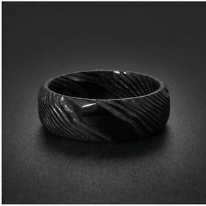 Hammered Black Damascus Ring for Men | Wavy Pattern Statement Ring ~ Mens Black Wedding Band ~ Hammered Black Ring ~ Festival Jewelry image 8