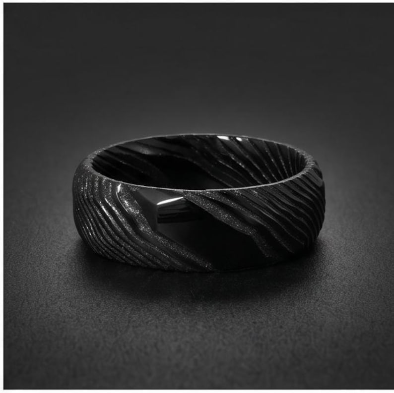 Hammered Black Damascus Ring for Men | Wavy Pattern Statement Ring ~ Mens Black Wedding Band ~ Hammered Black Ring ~ Festival Jewelry image 8