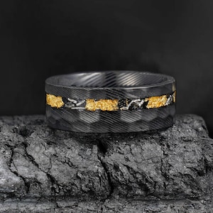 Verlobungsring, Blattgold & Meteoritring, Hochzeitsring, Verlobung, Jahrestag Geschenk für Ihn, Herrenring, personalisierter Ring, 8 mm Ring