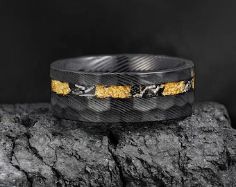Verlobungsring, Blattgold & Meteoritring, Hochzeitsring, Verlobung, Jahrestag Geschenk für Ihn, Herrenring, personalisierter Ring, 8 mm Ring