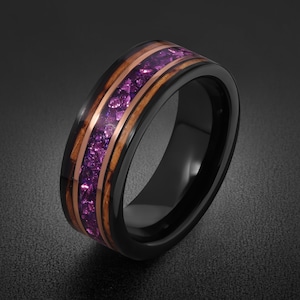 Ring met zwarte amethist en een verkoolde whiskyvatsteen ~ Trouwring met roségouden rand ~ Ring geïnspireerd op de natuur ~ Amethist trouwring ~ Herenring