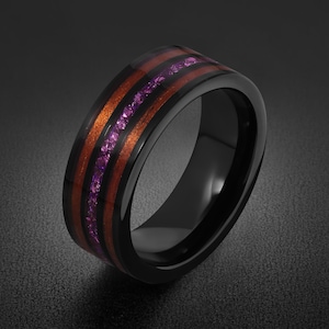 Men Black Tungsten Amethyst Ring with Koa Wood Inlay - Men Wedding or Anniversary Ring ~ Amethyst Wood Ring (Engraved & Scratch Resistant)