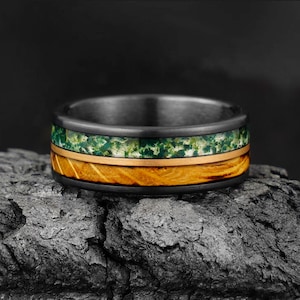 Moss Agate & Whiskey Barrel Wood Ring, Black and Rose Gold Tungsten Wedding Band, Anniversary Gift for Him, Mens Ring, Moss Agate Ring