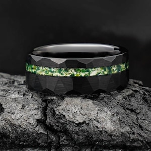 Moss Agate Ring, Hammered Black Tungsten Wedding Band, Statement Promise Engagement Anniversary Gift for Him, Mens Ring, Comfort Fit Ring