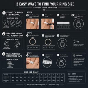 May include: An instructional infographic titled 3 EASY WAYS TO FIND YOUR RING SIZE on a dark background. It details three methods using string, an existing ring, or a measuring tape, including step-by-step diagrams and a ring size chart in millimeters.