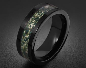 Moss Agate Ring, Black Tungsten Ring, Black Wedding Ring, Mens Wedding Band, Womens Ring, Anniversary Ring, Engagement Ring, 8mm 4mm