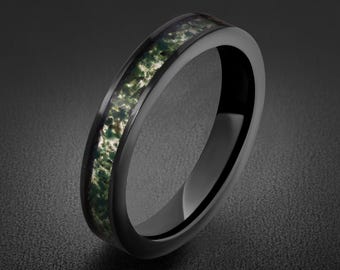 Moss Agate Mens Ring ~ Black Tungsten Moss Agate Band ~ Natural Forest Inlay Band (4mm & 8mm) ~ Mens Wedding Band ~ Engagement Promise Ring