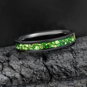 Emerald Ring, Black Tungsten Ring, Statement Promise Engagement Anniversary Gift for Her & Him, Womens Wedding Ring, Mens Wedding Band