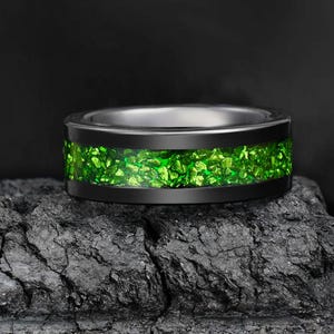 Emerald Ring, Black Tungsten Ring, Statement Promise Engagement Anniversary Gift for Her & Him, Womens Wedding Ring, Mens Wedding Band
