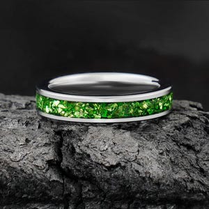 Emerald Ring, Silver Tungsten Ring, Statement Promise Engagement Anniversary Gift for Her & Him, Womens Wedding Ring, Mens Wedding Band