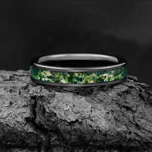 Moss Agate Ring, Black Tungsten Ring, Statement Promise Engagement Anniversary Gift for Her & Him, Womens Wedding Ring, Mens Wedding Band