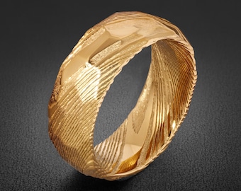 Gold Damascus Ring, Hammered Gold Ring, Gold Wedding Ring, Men Wedding Ring, Mens Ring, Anniversary Ring, Engagement Ring, 8mm Ring