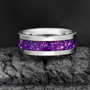 Amethyst Ring, Silver Tungsten Ring, Statement Promise Engagement Anniversary Gift, Women&#39;s & Men&#39;s Wedding Band, Personalized Ring