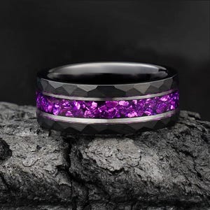 Amethyst Ring, Hammered Black Tungsten Wedding Band with Silver Strip, Statement Promise Engagement Anniversary Gift for Him, Mens Ring
