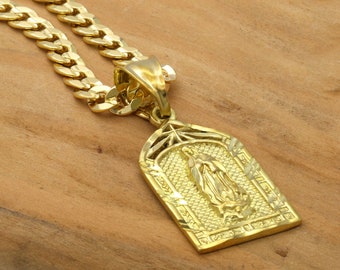 Custom 14k Men/'s Gold Plated Block Virgin Mary Pendant Hip-Hop Cz Pendant 24 Cuban Chain Necklace